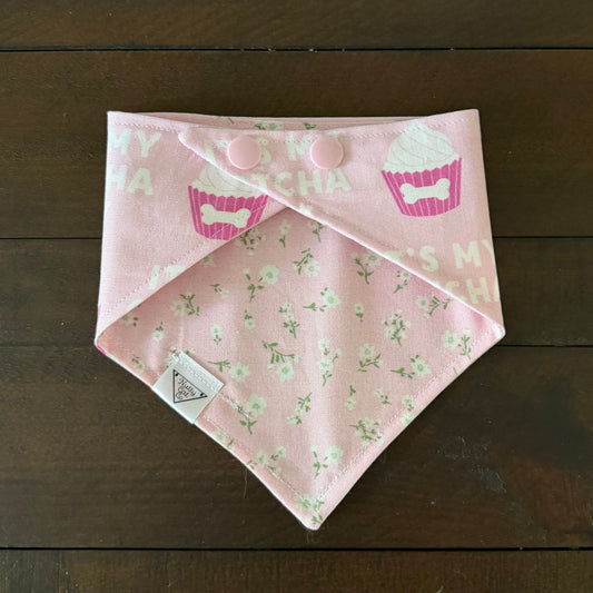 Pink pet bandana with cupcakes decorated with bones and the words It’s my gotcha day.