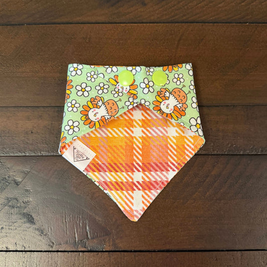 Light green pet bandana with smiling cartoon turkeys and white daisies.