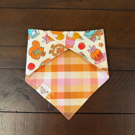 Cream pet bandana with a turquoise pumpkin truck, squirrels, hedgehogs, apples, and autumn treats.