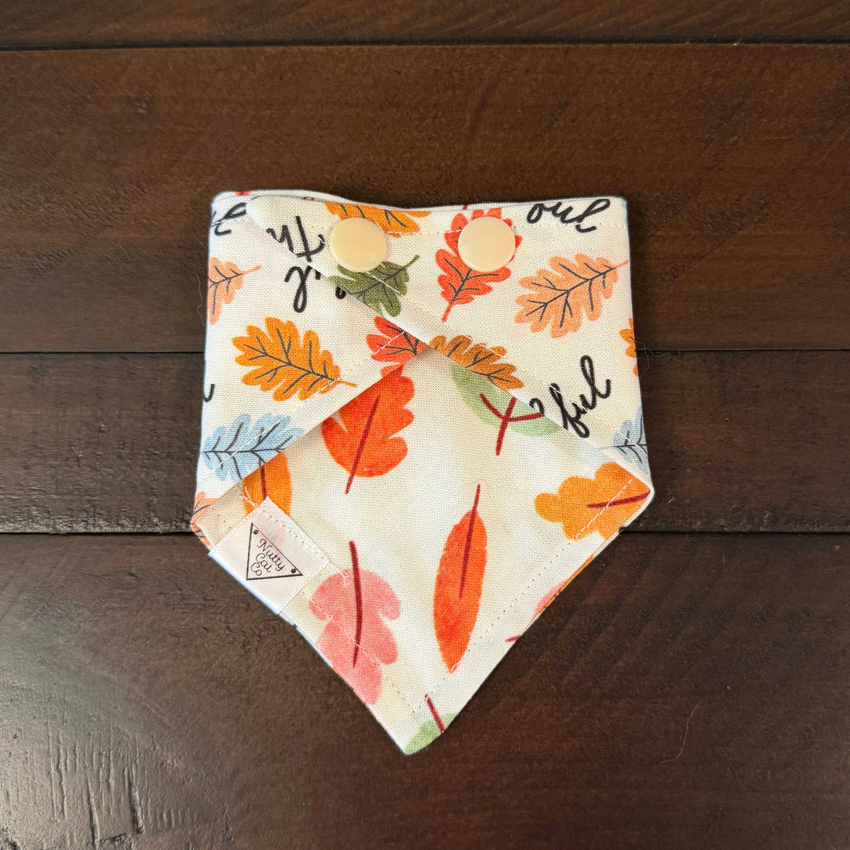 Feeling Thankful pet bandana showing a multicolored autumn leaf reverse and cream snaps.