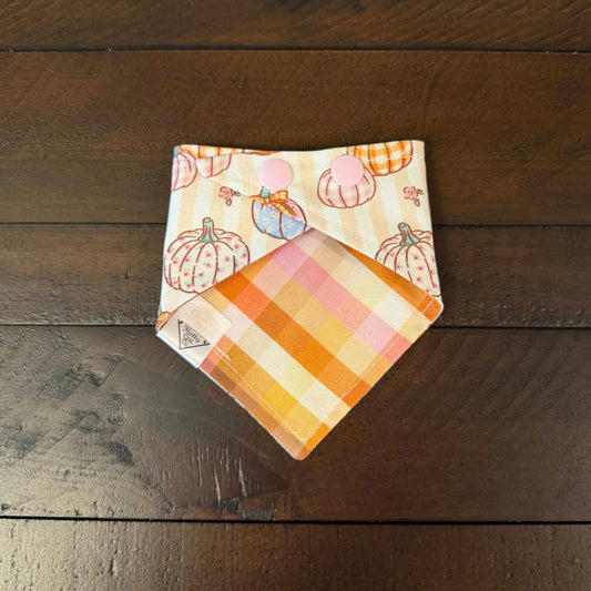 Cream and tan striped pet bandana with pink, blue, and orange pumpkins, ribbon bows, and small flowers.