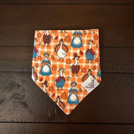 Orange and white gingham pet bandana with geese in Thanksgiving outfits, pumpkins, and autumn leaves.