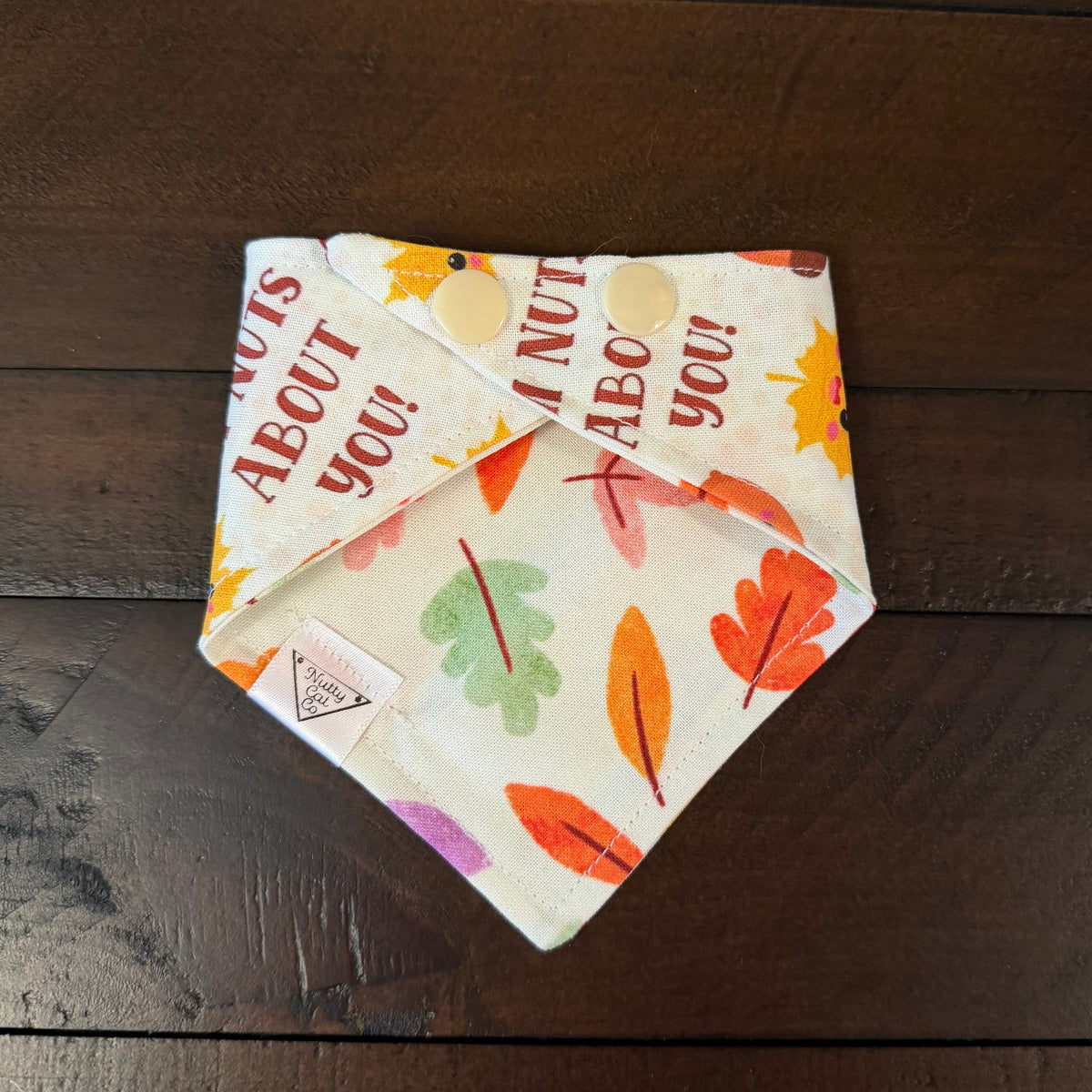 Nuts About You pet bandana showing a colorful autumn leaf reverse and cream snaps.
