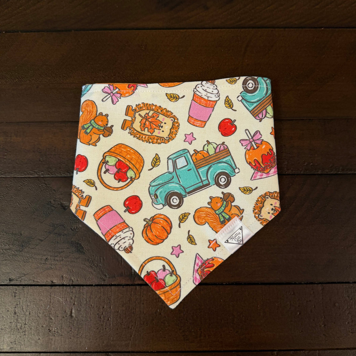 Cream pet bandana with a turquoise pumpkin truck, squirrels, hedgehogs, apples, and autumn treats.