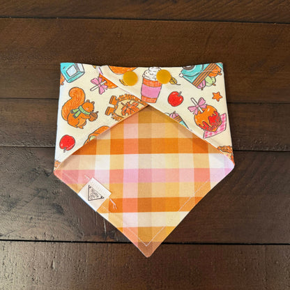 Woodland Farm pet bandana showing an orange, pink, and cream gingham reverse with tan snaps.