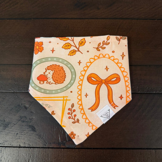 Cream pet bandana with an orange hedgehog, ribbon bow, and autumn foliage in decorative frames.